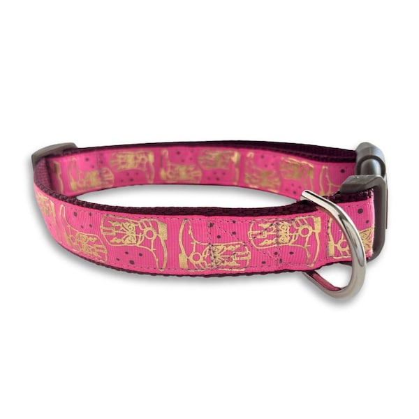 Pink & Gold Honky Tonk Cowboy Boot Dog Collar available in Medium, Large and X Large adjustable sizes