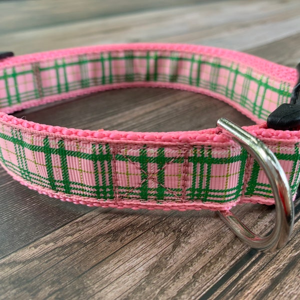 Pink and Green Plaid Dog Collar, Adjustable Size, Handmade Preppy Plaid Dog Collar, Cute Dog Lover Gift, Dog Collar Girl