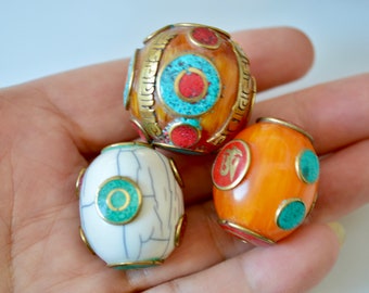 Hand Made Big Ball Beads White Turquoise Coral and Amber Color with Special Design Copper Metal #L02