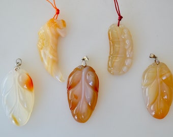 Carved Chalcedony Pendant, Natural Gemstone, Dragon, Bamboo, Leaf Shape
