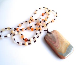 Handmade Jasper Necklace, Carnelian Gemstone Beads, 28 Inch