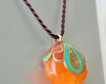 Hand Made Tibet Style Pendant Necklace Gemstone Necklace  18 inch Cord #N23