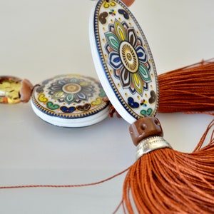 2pc Both Side Porcelain Pendant Long Necklace Felt Round and Oval Shape Leather Cord Approx. 28 inch #N13