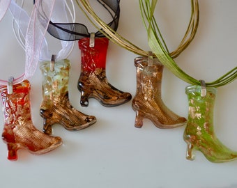 Gold Foil Lampwork Glass Pendant High Heel Boots Necklaces 16-18 inch Silk Cord