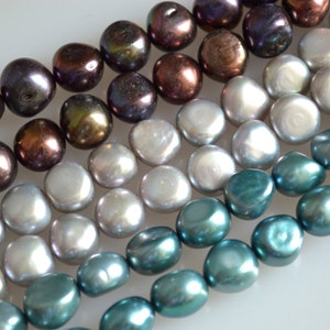 A FreshWater Pearl Button/Nugget Shape Metallic Peacock/Silver/Blue-Green Color Size Approx. 9-10mm 16" #F74