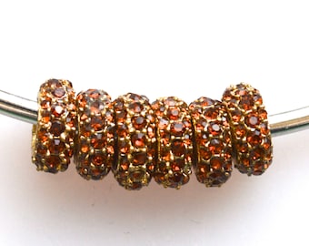6pc Copper Tone Rhinestone Rondelle Beads: Gold Brown, 11.5x4.5mm