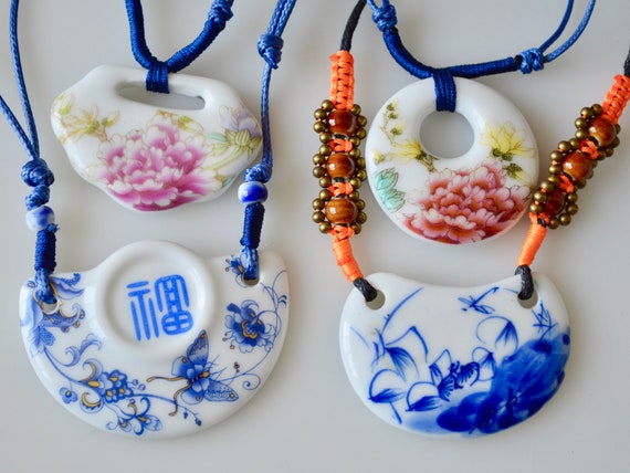 White Blue and Art Peony Porcelain Pendant Necklace With