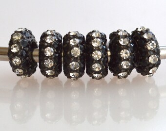 6 pc Black Brass With White and Black Color Rhinestone Rondelle Shape Size Approx. 10x5mm Hole 5mm #L08