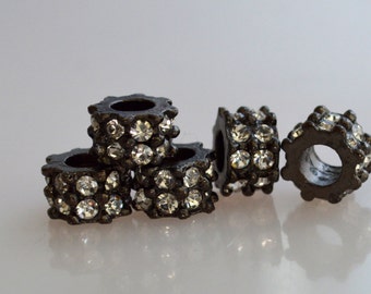 6pc Black Metal With Clear White Color Rhinestone Tube Shape Size Approx. 10x6mm Hole 5mm #L05