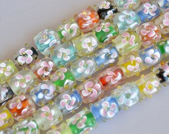 Multi Color Flower Lampwork Glass Beads Square Cube Shape Size Approx.10x10x10-11mm Full Strands #41