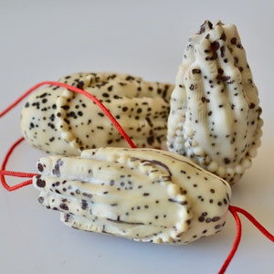 May include: Three white and brown hand-shaped beads with black speckles are strung on a red cord. The beads are made of a natural material and have a rough texture.