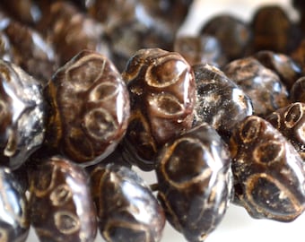 Dark Brown Bodhi Seed Beads, Bi-Cone Shape (18x12mm), 16" Strand