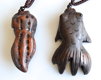 Peach Wood Carved Fish Peanut Necklace, Adjustable Cord