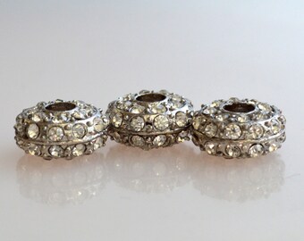 3pc Shining Silver Tone Brass With White Color Rhinestone Rondelle Shape Size Approx. 14x7mm Hole 4mm #L10