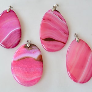 Pink Agate Gemstone Pendant Flat Oval Drop Shape Size Approx. 60x40x7mm With Bail #P75-03