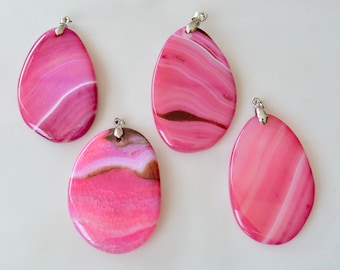 Pink Agate Gemstone Pendant Flat Oval Drop Shape Size Approx. 60x40x7mm With Bail #P75-03