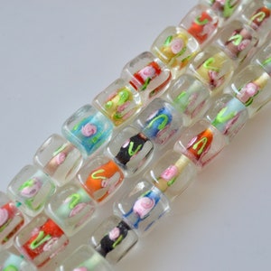 Multi Color Flower Lampwork Glass Beads Square Cube Shape Size Approx.9-11mm 14.5 inch #33