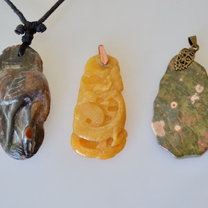 Gemstone Animal Carved Pendent Black Jasper Yellow Jade and Pious Blossom Jade Natural Color Gemstone Size Approx. 58x28x12mm #P50