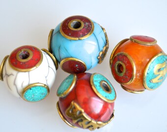 Hand Made Beads Color Stones and Resin with Copper Metal 16-18mm Hole Approx. 3mm #L01