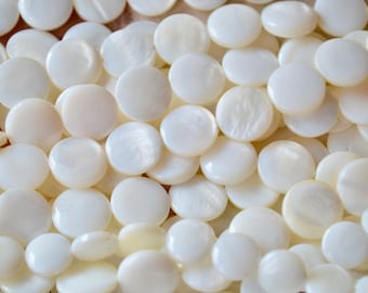 Mother of Pearl Coin Beads, Natural White Shell Strand (16 inch)