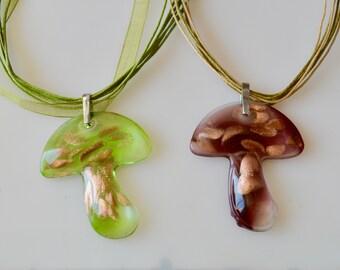 Gold Foil Lampwork Mushroom Pendant Necklace, Translucent Glass