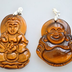 Carved Tiger Eye Buddha Pendant, Natural Brown Gemstone
