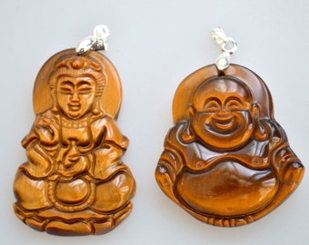 Carved Tiger Eye Buddha Pendant, Natural Brown Gemstone