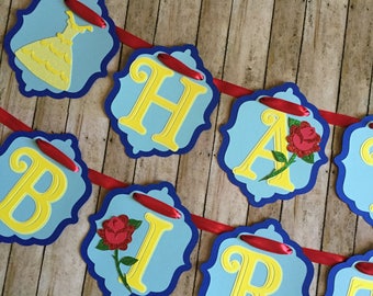 Beauty and the Beast Birthday Banner: Glitter Princess Party Decor