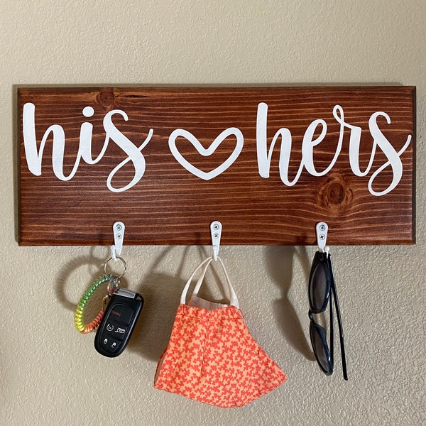 His/Hers keyhook, Wooden Hand Painted Key Hook Sign, Custom keyhook, Keyhooks for Entryway, Entryway face mask holder