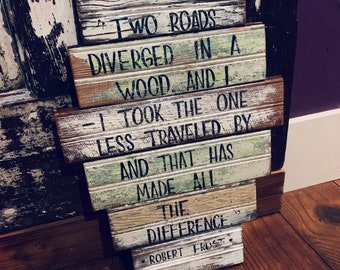 Poetry Sign, Robert Frost, Two Roads Diverged in a Wood, Poem, Reclaimed Wooden Sign, Farmhouse Sign, Farmhouse Decor, Reclaimed Wood Decor