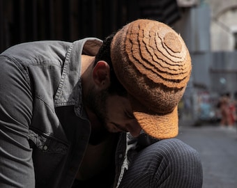 Brown felt handmade baseball cap, Naturel wool designer unique trucker hat, Street fashion urban headgear, Everyday hat, Casual unisex hat