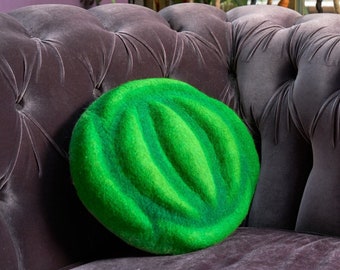 Handmade green round felt pillow, Unique housewarming gift, Cozy vibrant cushion for meditation, Sustainable natural textured home decor