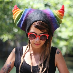 Rainbow horn faun hat, fantasy unique costume, colorful rave festival outfit, Personalized cosplay custom design, Unusual fashion headpiece