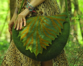 Leaf felt handbag, Handmade felted bag, Art handbag, Felt Shoulder Bag, Festival bag, Designer bag, Pixie bag, Hippie purse, Fairy clothing