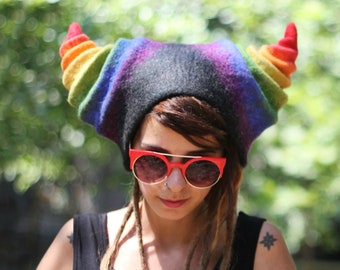 Rainbow horn faun hat, fantasy unique costume, colorful rave festival outfit, Personalized cosplay custom design, Unusual fashion headpiece