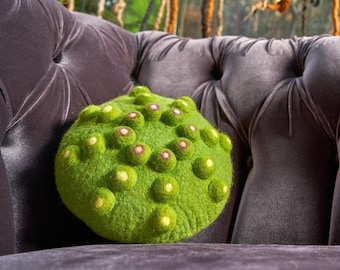 Green round felted cushion, Unique home decor, Contemporary textile art, Modern house decoration, housewarming gift, 3d soft throw pillows