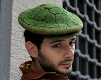 Handmade turtle shell hat , Green felt nature inspired hat, Wearable art, Flat newsboy cap, unique gift for women and men, feltthink