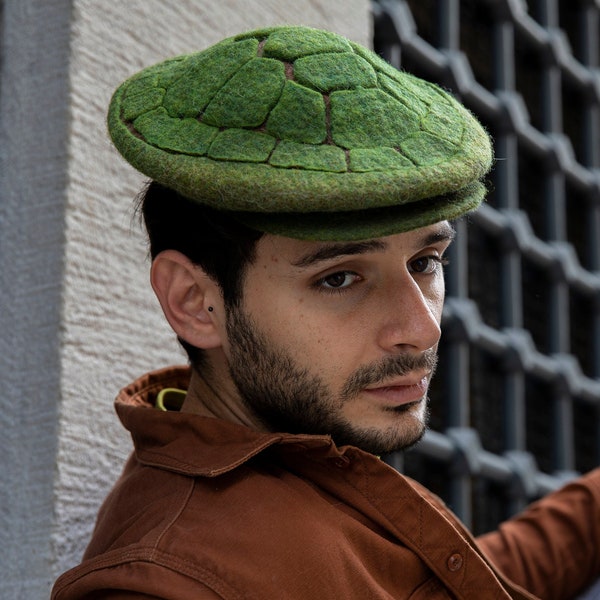 Handmade turtle shell hat , Green felt nature inspired hat, Wearable art, Flat newsboy cap, unique gift for women and men, feltthink