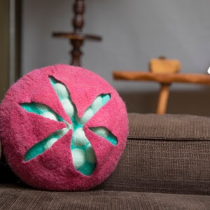 Small round handmade pink felt pillow Modern home decoration Nature inspired decor Gift for art lover Decorative camping outdoors pillows image 1