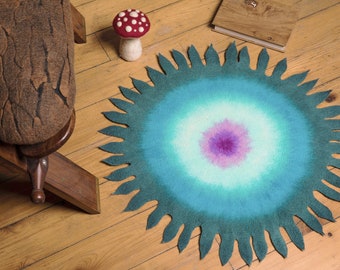 Round handmade felt throw carpet Marine blue and purple unique home floor decor aesthetic interior design Bedroom rug doormat picnic mat