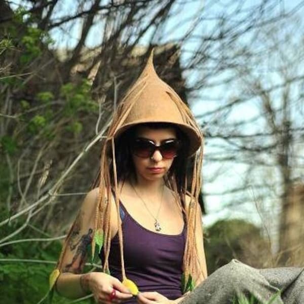 Natur Zaubererhut mit Blättern Laubhut Elfenhut Zaubererhut Fantasy Hut Hobbit Hut Gnomhut Waldnymphe Festival Kleidung für Frauen Filzhut