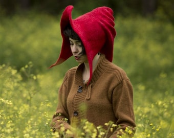 Unique handmade red hat, Warm and cozy unusual designer winter hat, Enchanting one of a kind gift, Modern little red riding hood cap