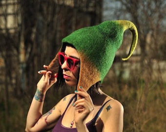 Unique handmade felt hats - Green , brown, fanciful hat