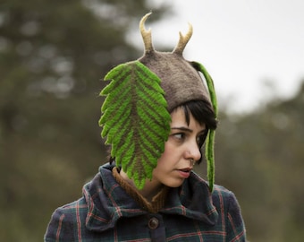 Sombrero de fieltro con orejas de hojas y cuerno Tocado de hada del bosque Regalo para amantes de la naturaleza Accesorio de criatura única Tocado de cosplay Regalo de fantasía para mujer