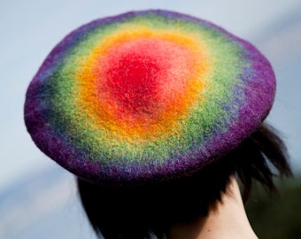 Felt beret hat Rainbow beret French beret Wool beret hat Artist hat Vintage hat Art hat Retro hat Boho gift ideas for women Art headpiece