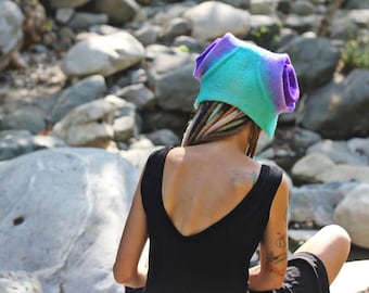 Unique handmade felt hats, turquoise , purple