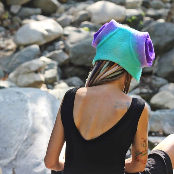 Unique handmade felt hats, turquoise , purple