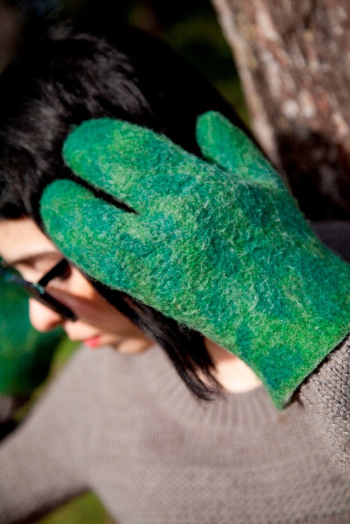 Three Finger Felt Gloves Green Wool Glove Wool Mittens for Etsy