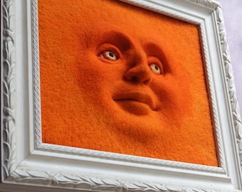 Arte mural tridimensional de fieltro color naranja, obra de arte con textura facial, decoración de pared moderna y contemporánea para el hogar, marco de escultura de fieltro agujado