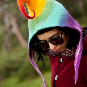 Unique handmade felt hats Rainbow colors Fantastic hat Fairy tale Fantasy winter hat Funky festival hat Forest pixie hat Tęcza